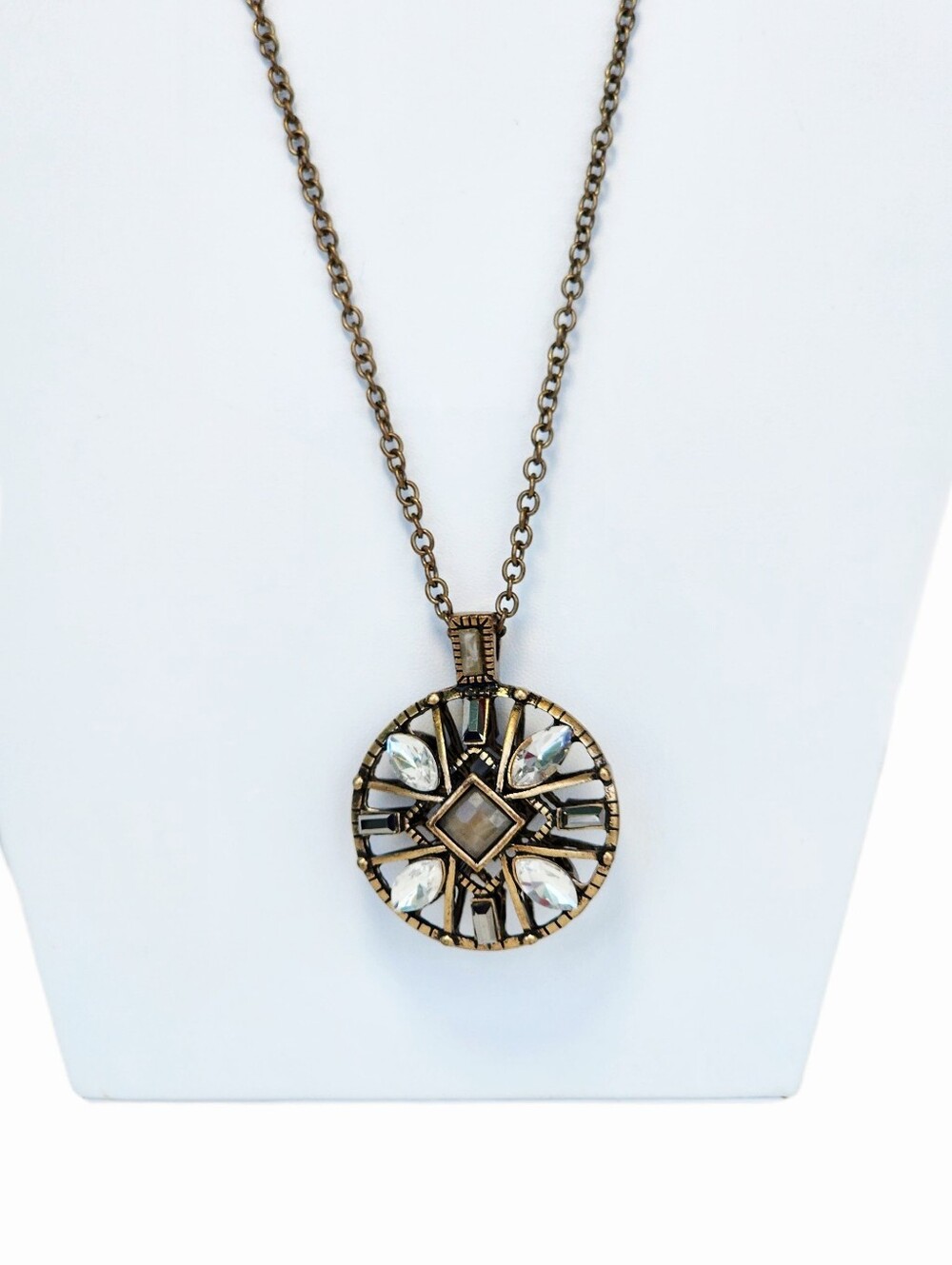 Vintage-Inspired Antique Gold-tone Pendant Necklace with Crystal & Stone Accents